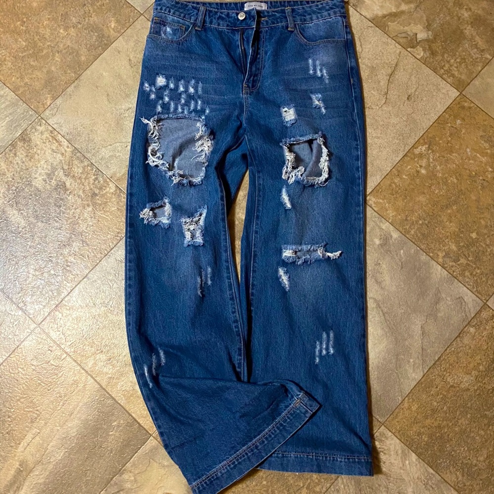 Western dark wash distressed trousers